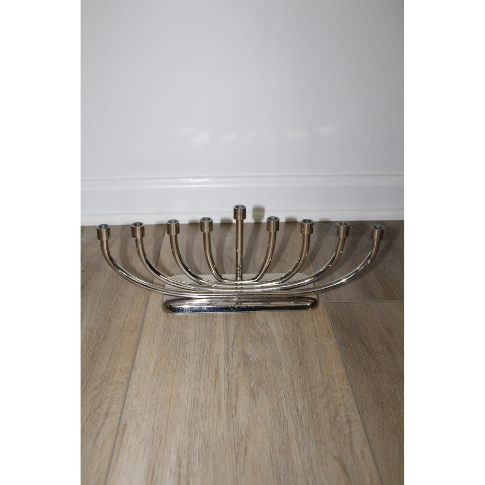Crate & Barrel Modern Nickel Menorah 495-816 Silver Hanukkah Candelabra 13.5in